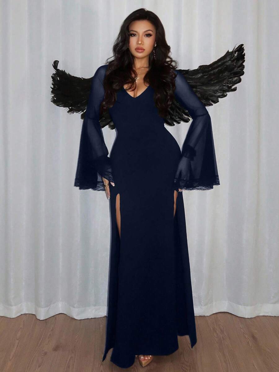 Women's slim-fit long goth dress in black featuring a deep V-neckline, extra-long flared sleeves, and a split thigh detail.