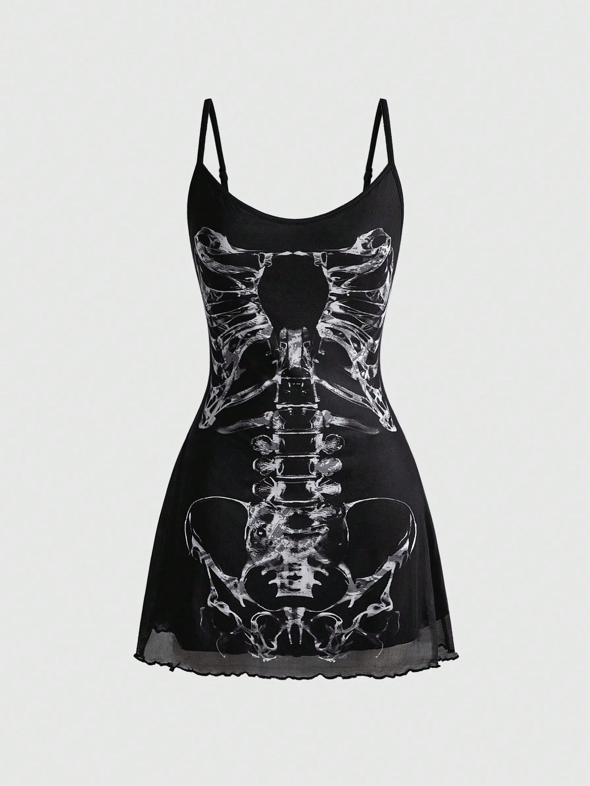 Women's black Gothic skeleton print mesh cami mini dress featuring ruched details, lettuce trim, and thin spaghetti straps.