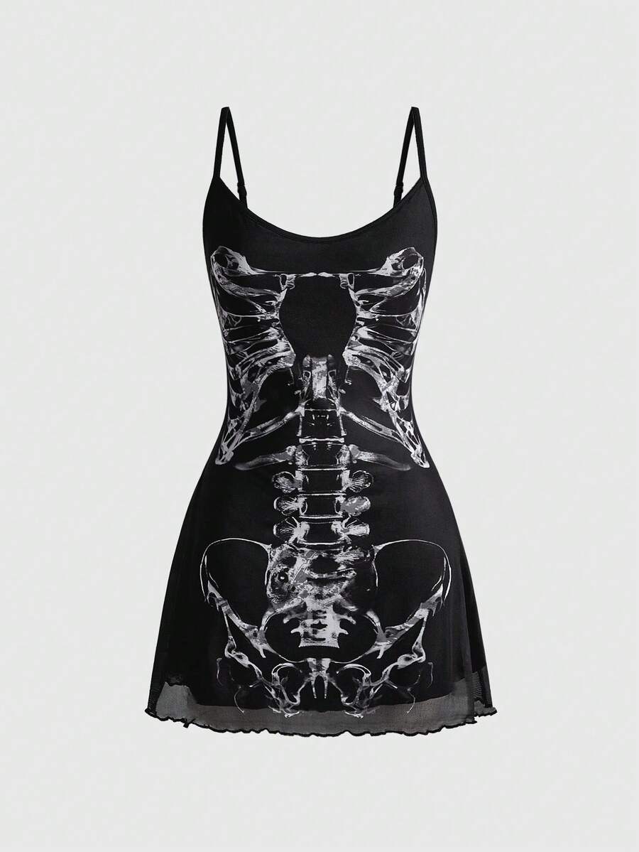 Women's black Gothic skeleton print mesh cami mini dress featuring ruched details, lettuce trim, and thin spaghetti straps.