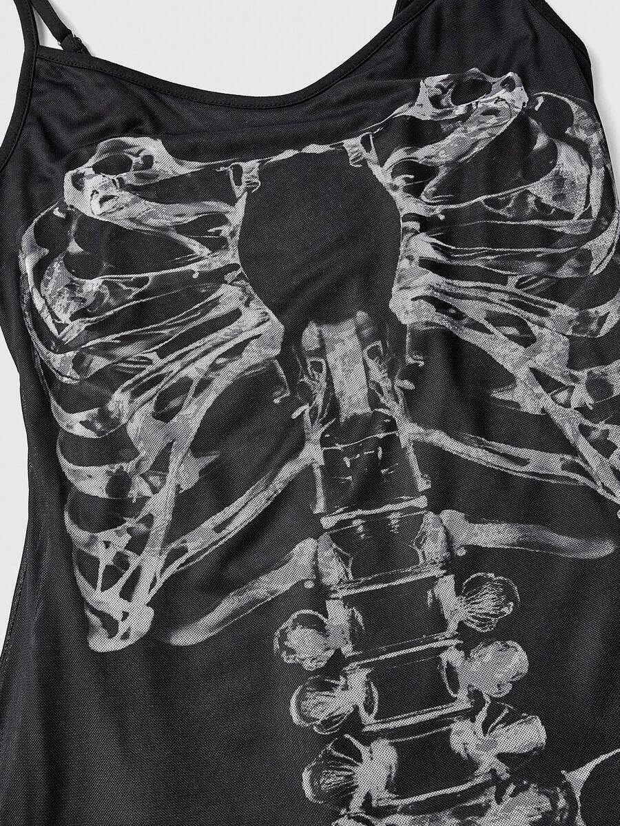 Women's black Gothic skeleton print mesh cami mini dress featuring ruched details, lettuce trim, and thin spaghetti straps.