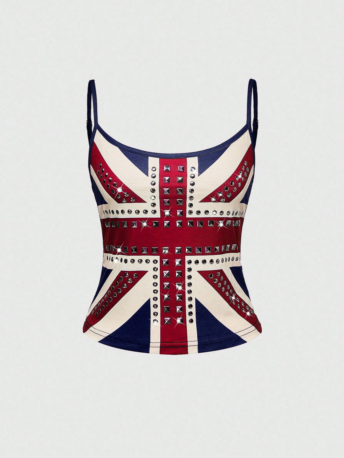 Black spaghetti strap crop camisole top for women featuring a vintage UK flag print with rhinestone and rivet details.