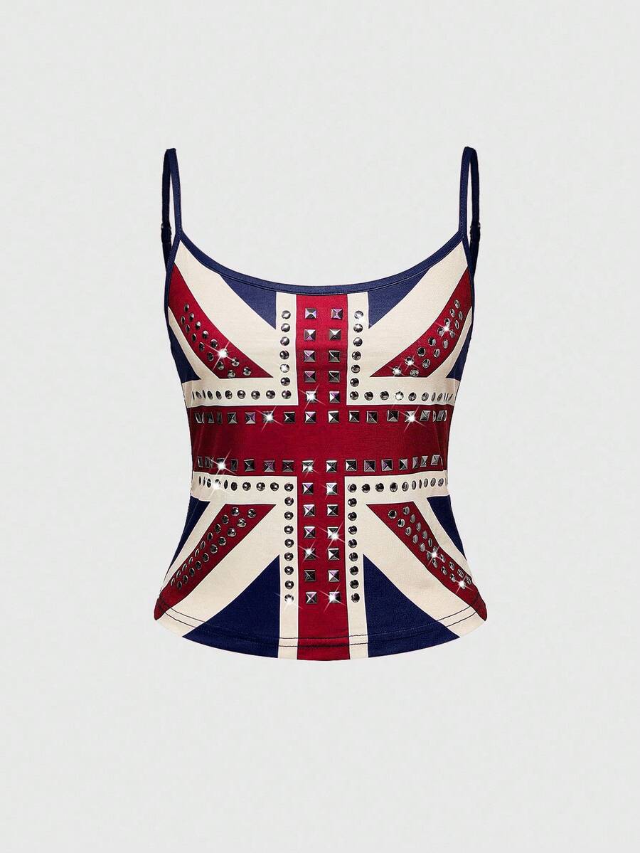 Black spaghetti strap crop camisole top for women featuring a vintage UK flag print with rhinestone and rivet details.