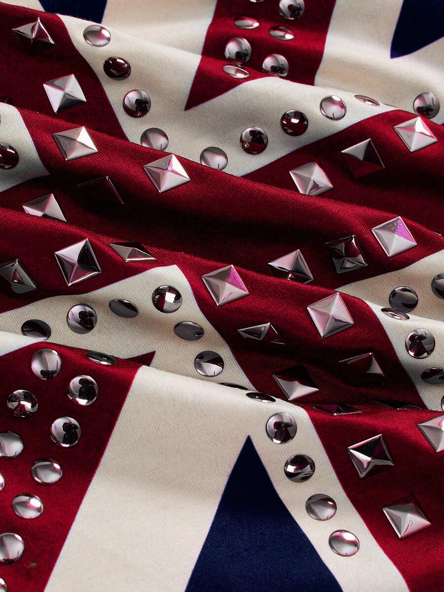 Black spaghetti strap crop camisole top for women featuring a vintage UK flag print with rhinestone and rivet details.