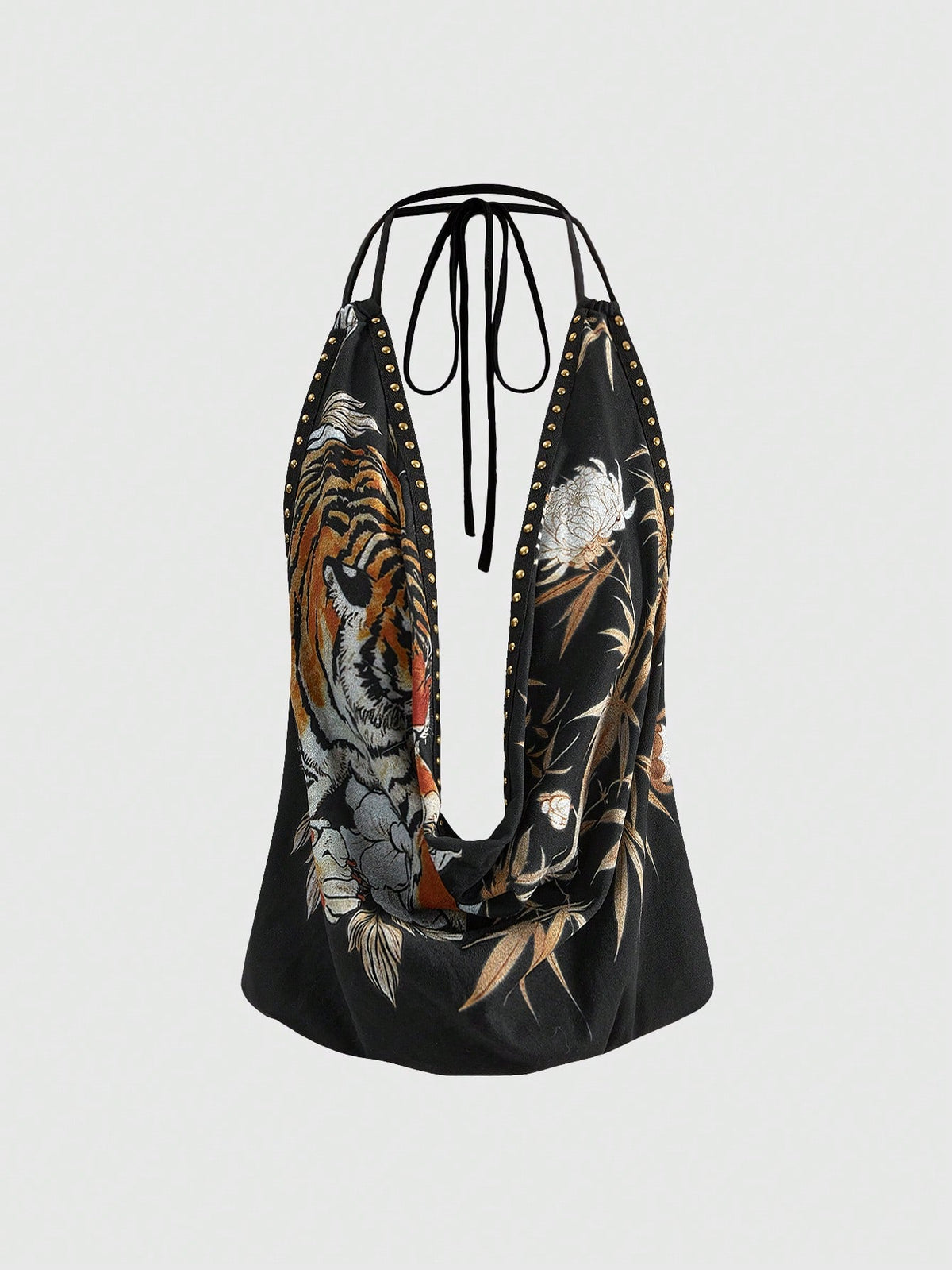Front view of women's black halter tank top featuring graphic print, rhinestone embellishments, and a backless tie-back design.