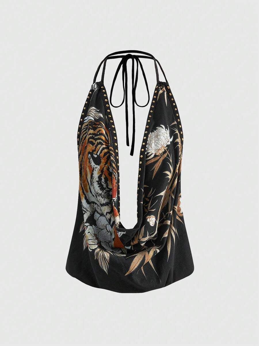Front view of women's black halter tank top featuring graphic print, rhinestone embellishments, and a backless tie-back design.
