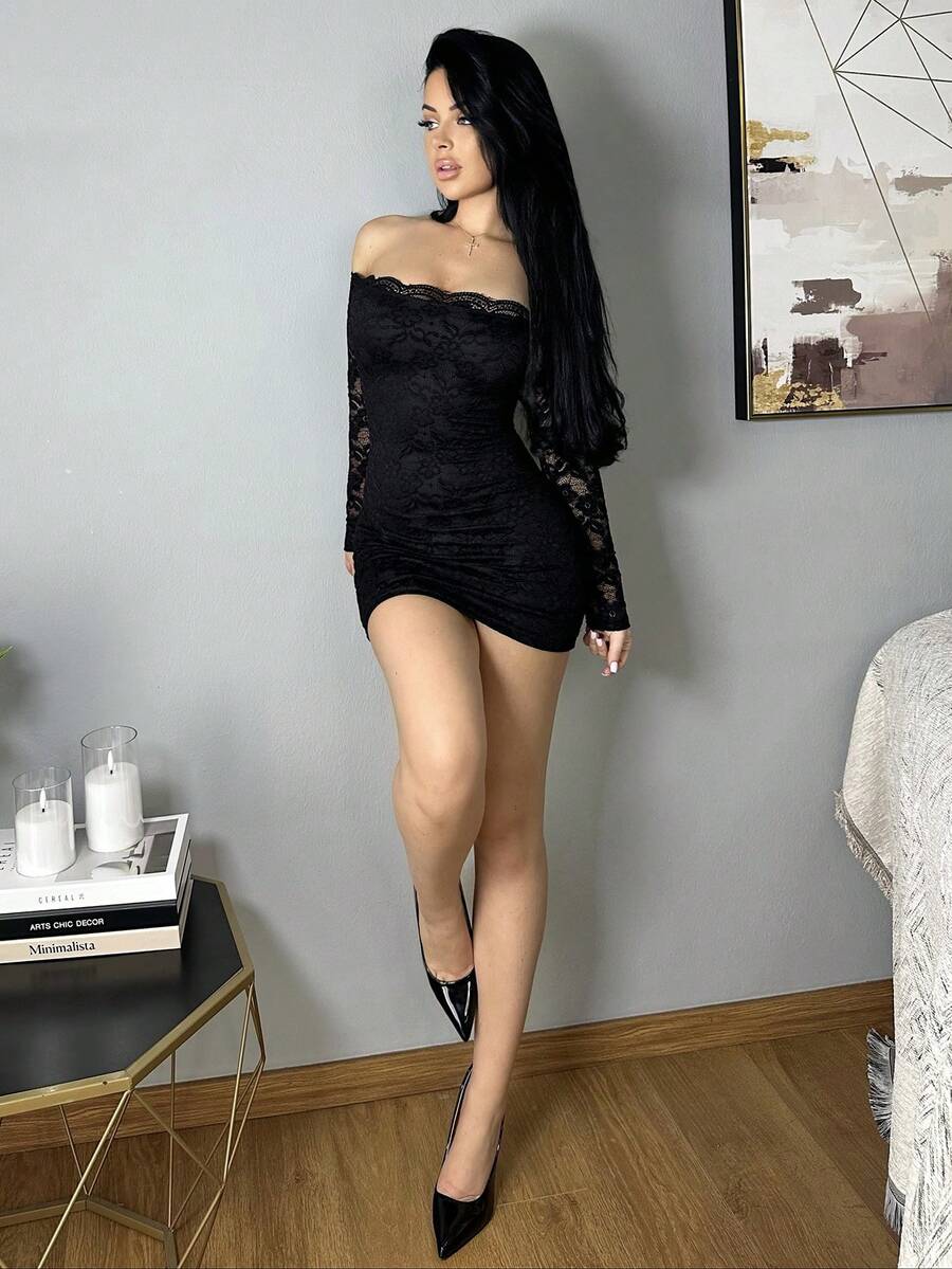 Women's off-shoulder long sleeve lace patchwork bodycon mini dress with backless detail.