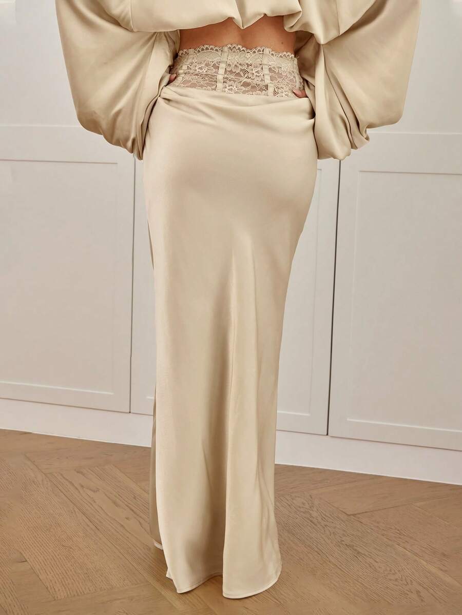 Women's high waist satin mermaid maxi skirt featuring contrast lace patchwork embroidery detail and side slit for formal and evening wear.