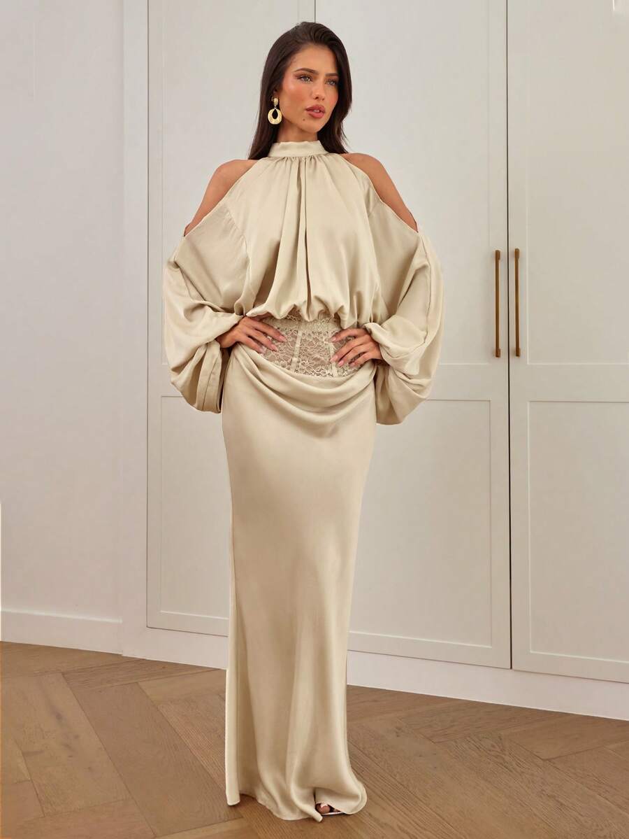 Women's high waist satin mermaid maxi skirt featuring contrast lace patchwork embroidery detail and side slit for formal and evening wear.