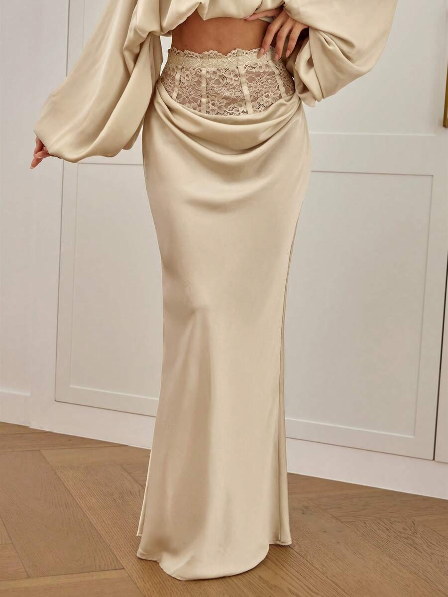 Women's high waist satin mermaid maxi skirt featuring contrast lace patchwork embroidery detail and side slit for formal and evening wear.