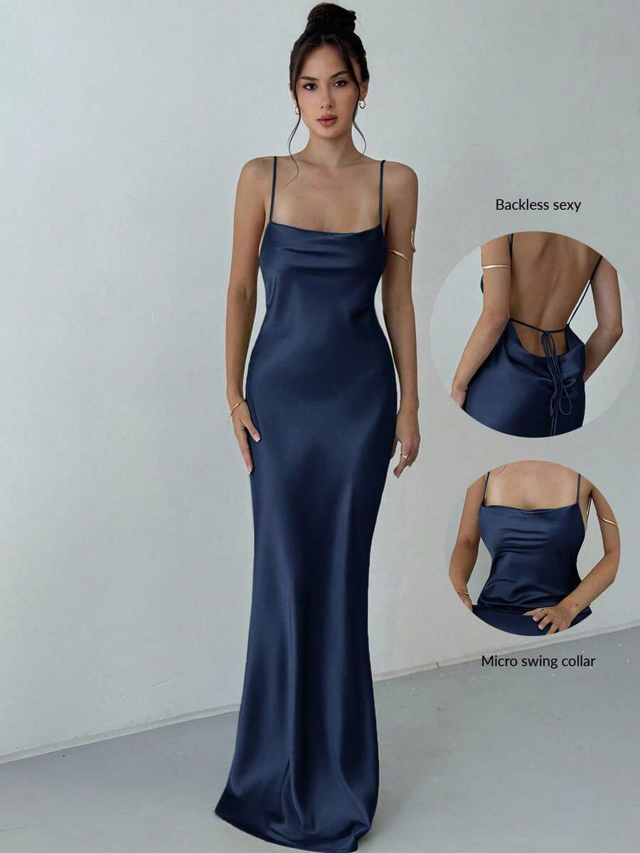 Beige satin backless maxi dress featuring criss-cross spaghetti straps and a mermaid hemline.