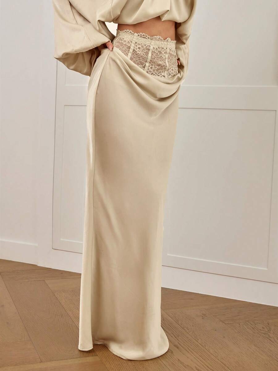 Women's high waist satin mermaid maxi skirt featuring contrast lace patchwork embroidery detail and side slit for formal and evening wear.
