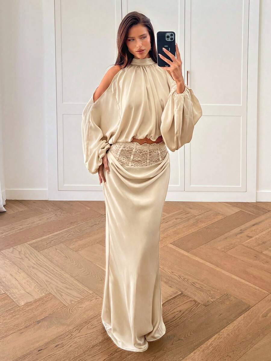 Women's high waist satin mermaid maxi skirt featuring contrast lace patchwork embroidery detail and side slit for formal and evening wear.