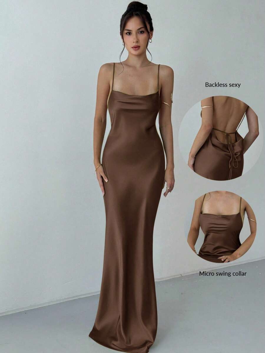 Beige satin backless maxi dress featuring criss-cross spaghetti straps and a mermaid hemline.