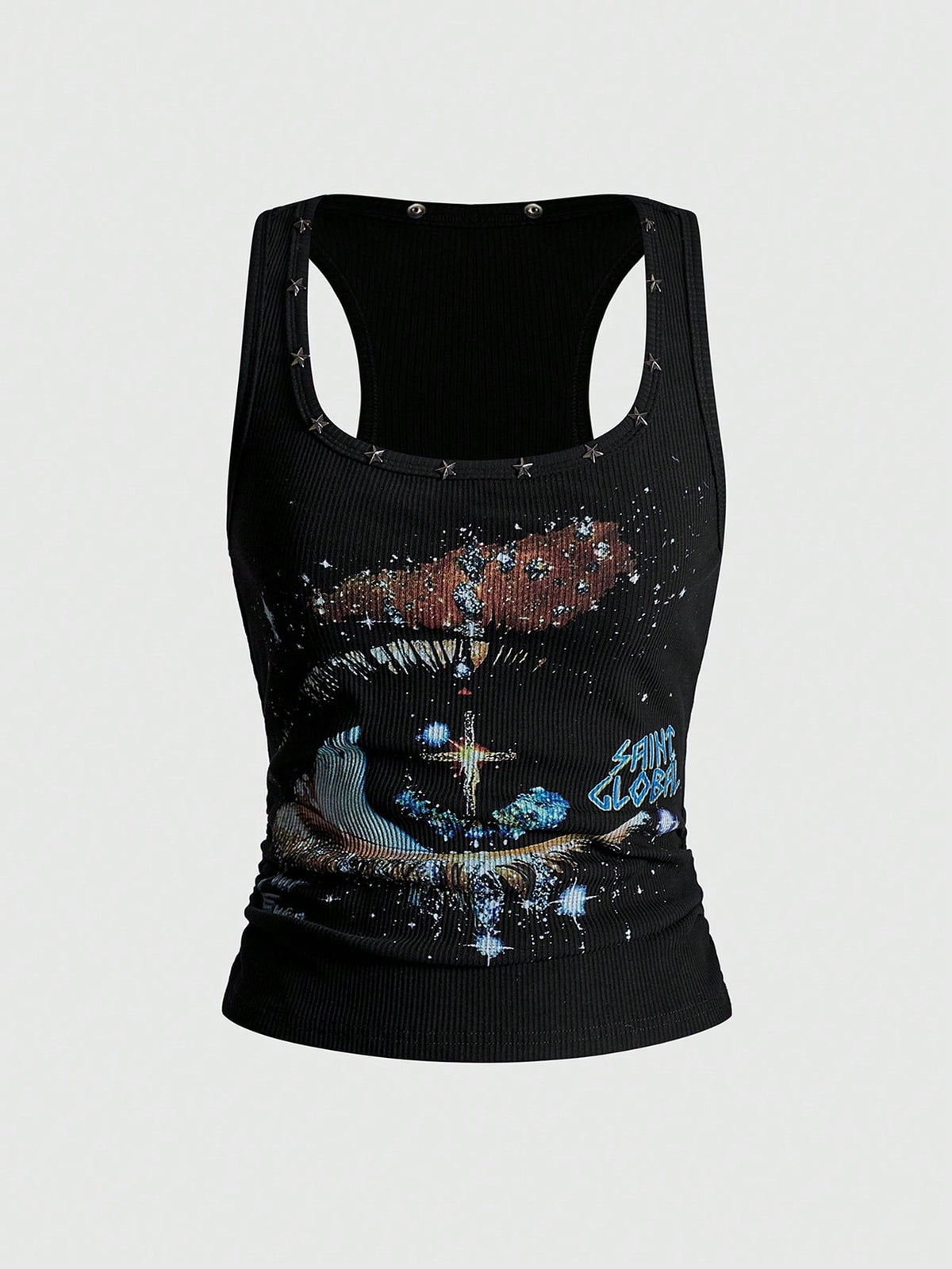 Women's black slim fit tank top featuring a starry sky rivet print and square neckline.