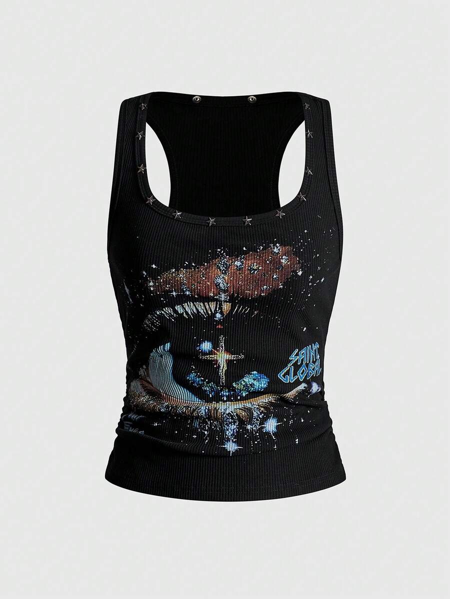 Women's black slim fit tank top featuring a starry sky rivet print and square neckline.