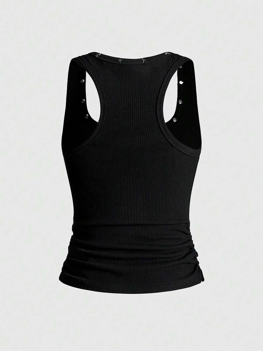 Women's black slim fit tank top featuring a starry sky rivet print and square neckline.