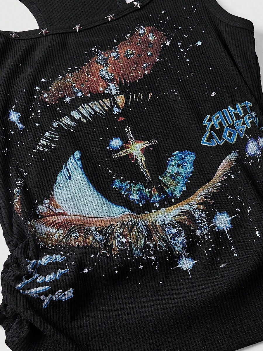 Women's black slim fit tank top featuring a starry sky rivet print and square neckline.