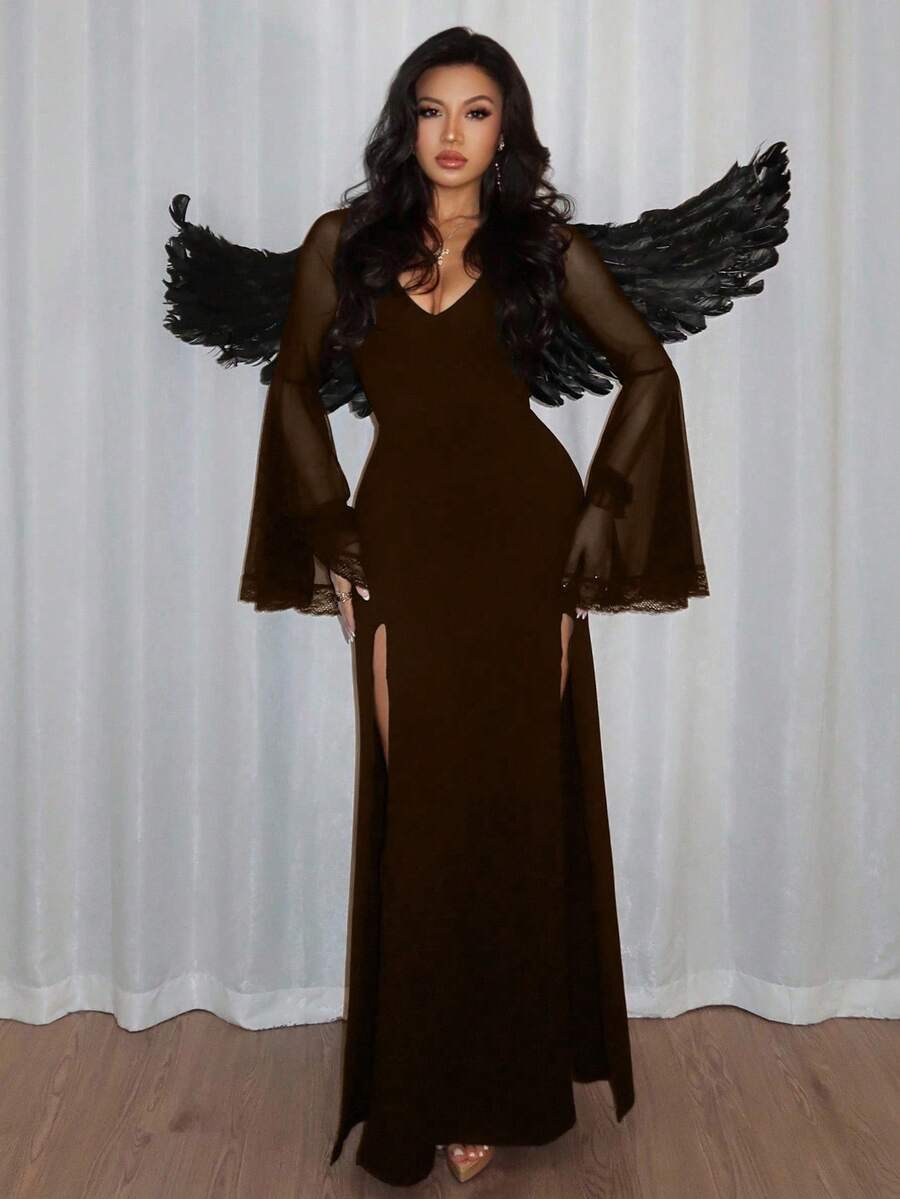 Women's slim-fit long goth dress in black featuring a deep V-neckline, extra-long flared sleeves, and a split thigh detail.