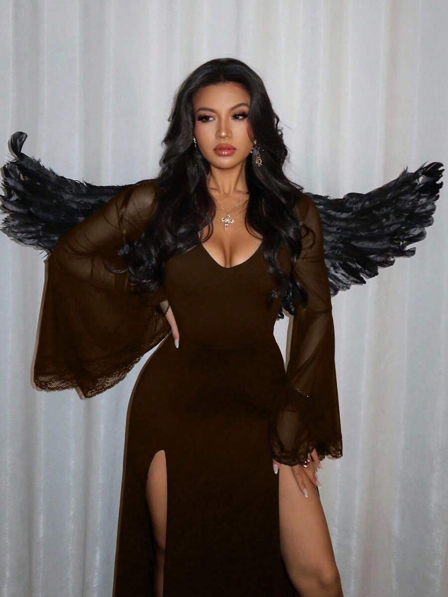 Women's slim-fit long goth dress in black featuring a deep V-neckline, extra-long flared sleeves, and a split thigh detail.