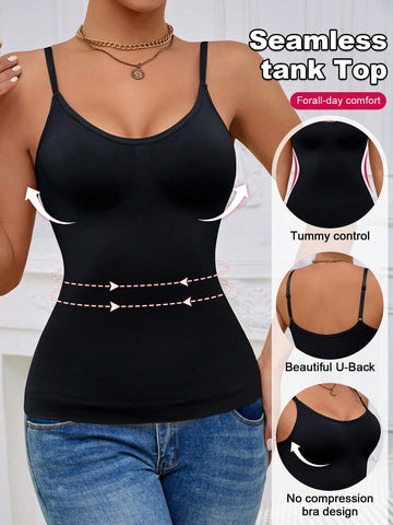 Black rib-knit slimming camisole tank top for women featuring adjustable straps and waist shaping fit.