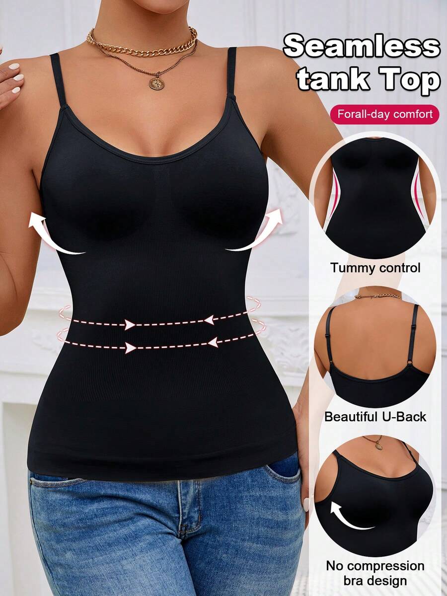 Black rib-knit slimming camisole tank top for women featuring adjustable straps and waist shaping fit.