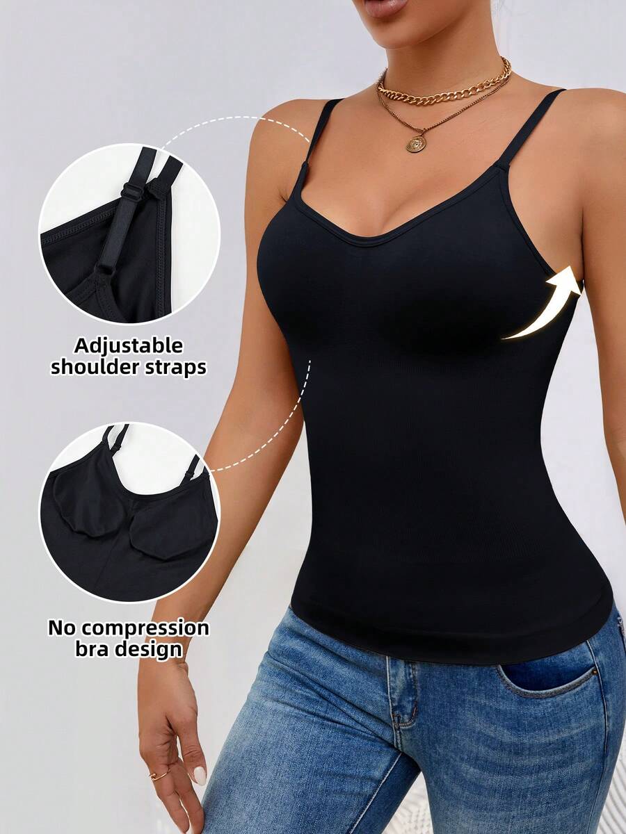 Black rib-knit slimming camisole tank top for women featuring adjustable straps and waist shaping fit.
