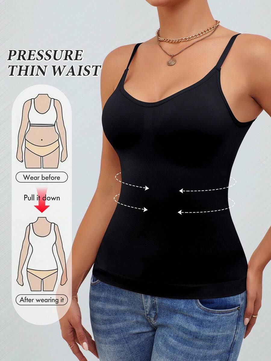 Black rib-knit slimming camisole tank top for women featuring adjustable straps and waist shaping fit.