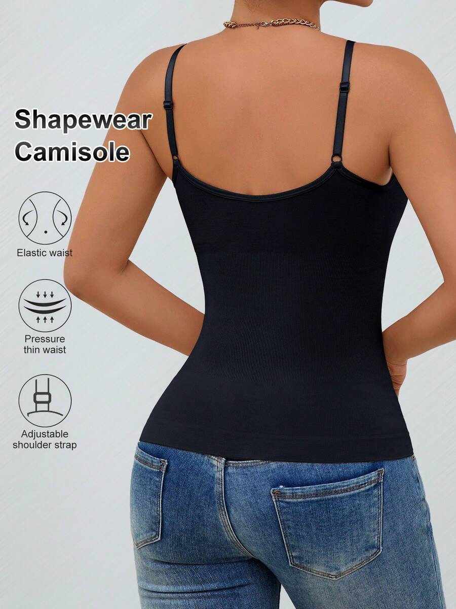 Black rib-knit slimming camisole tank top for women featuring adjustable straps and waist shaping fit.