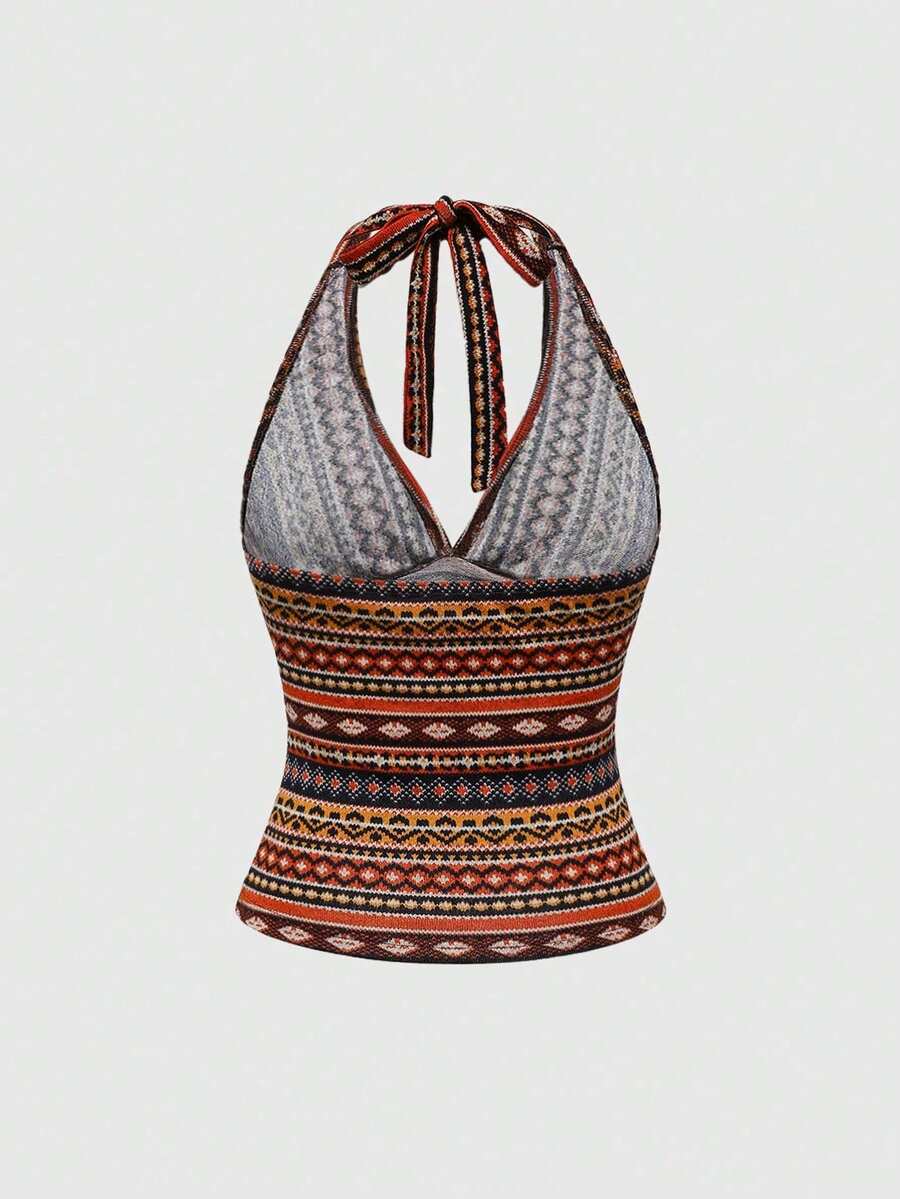 Multicolor geometric print halter tank top for women featuring front cut-out detail with ring accent and backless slim fit design.