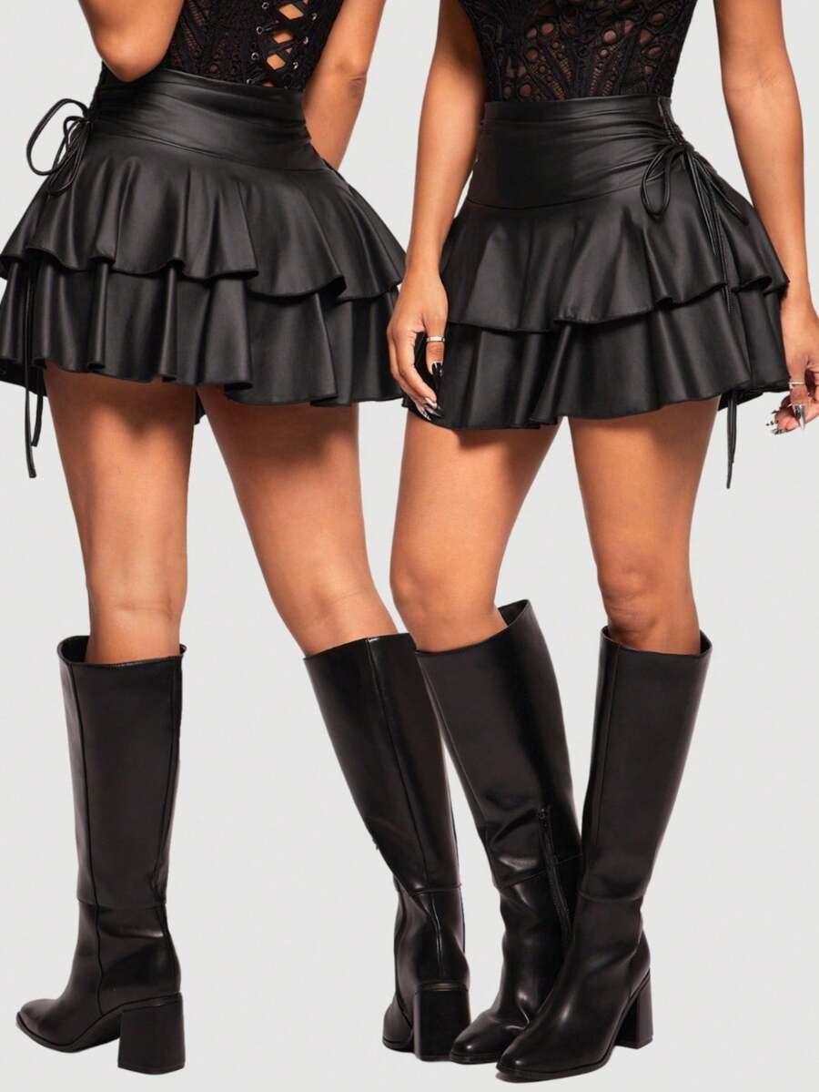 Women's black PU coated layered ruffle mini skirt featuring a high waist, tiered ruffle hem, and zipper detail.