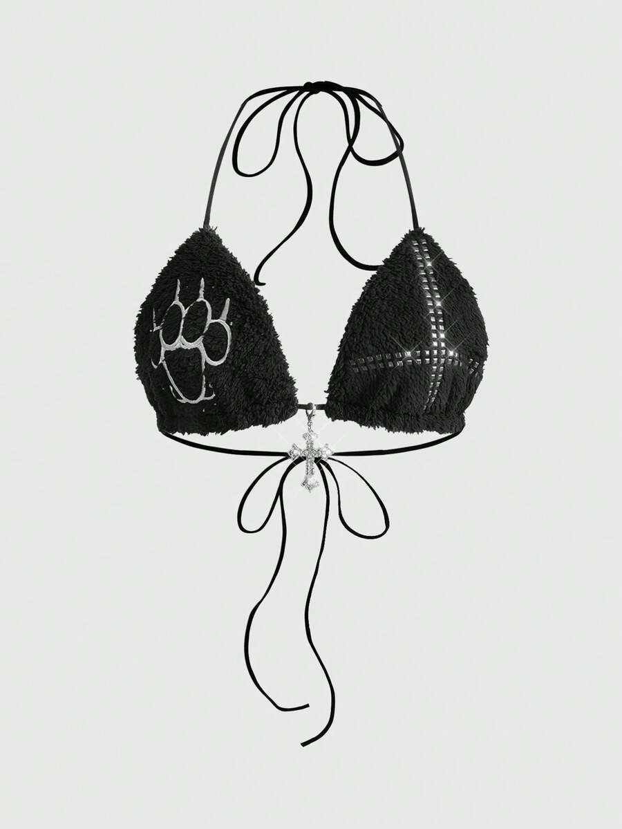 Black furry halter micro crop top featuring studded rhinestone accents, lace-up backless design, and separate matching arm sleeves.