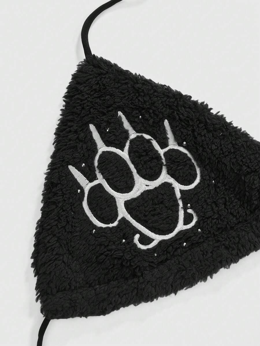 Black furry halter micro crop top featuring studded rhinestone accents, lace-up backless design, and separate matching arm sleeves.