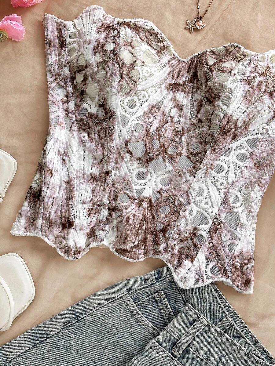 Strapless floral lace corset top with lace-up detail, asymmetrical hem, and slim fit for women.