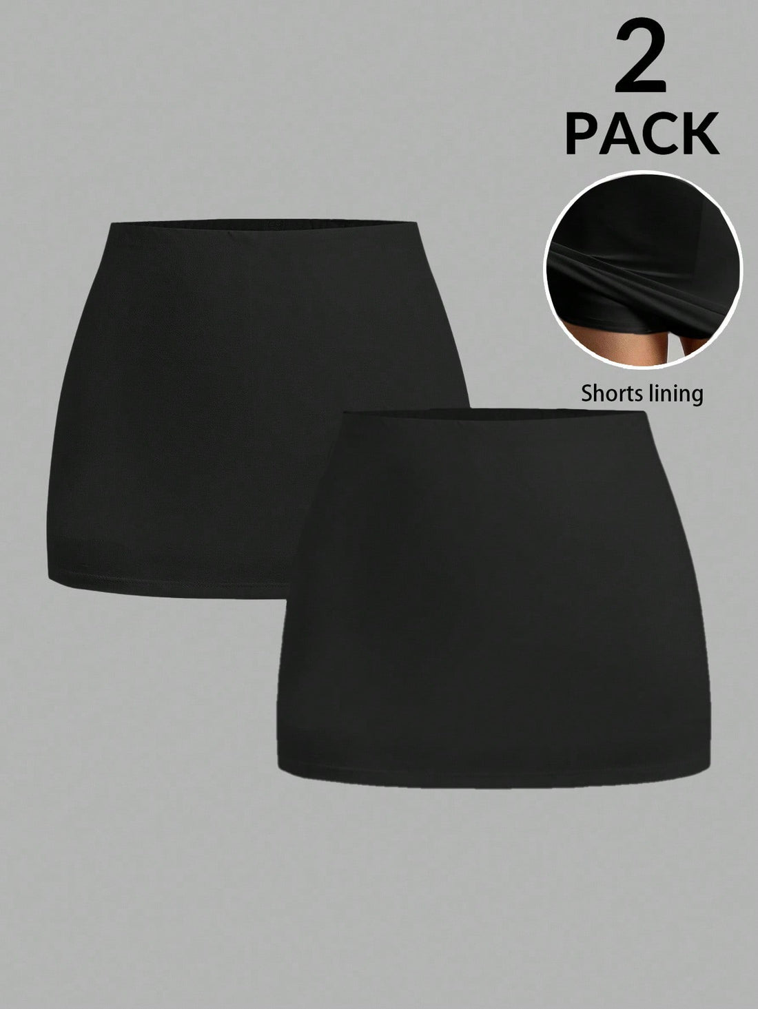 Women's black casual low rise bodycon mini skort with built-in shorts in knitted plain stretch fabric.