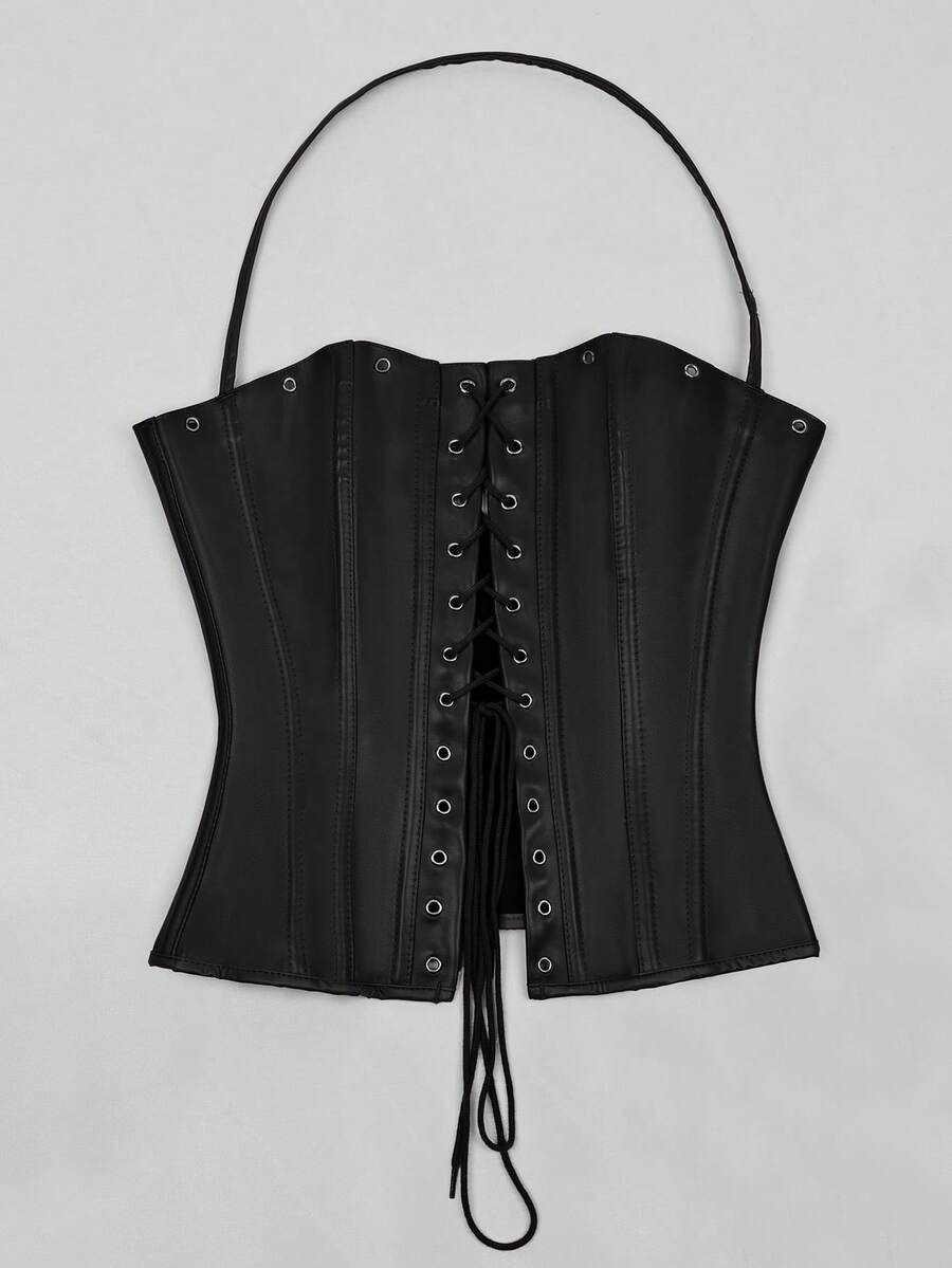 Black PU leather backless halter corset crop top featuring front lace-up detailing and slit hem.