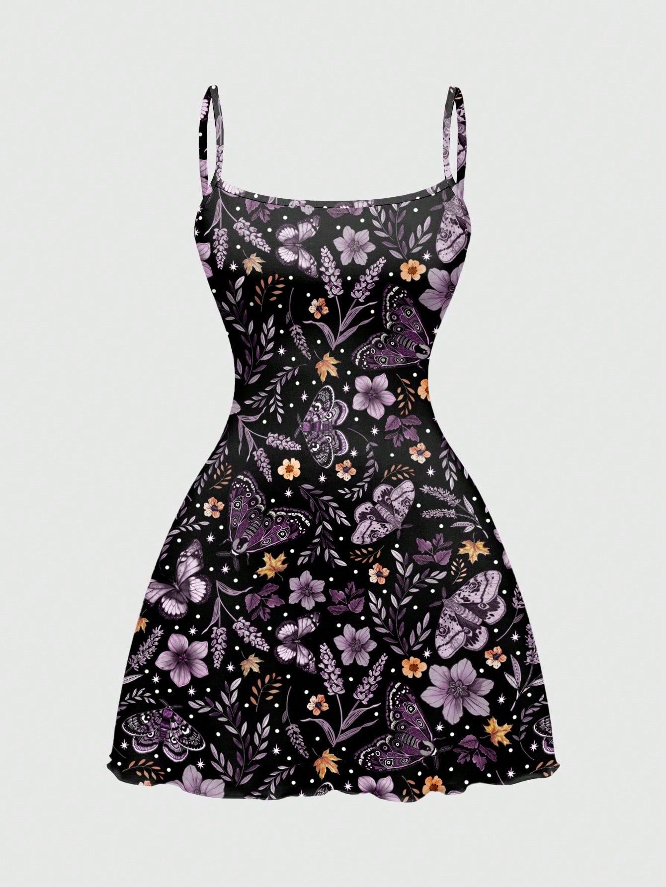 Beige graphic cami mini dress for women featuring a backless slim fit design, high waist flared hem, lettuce trim, spaghetti straps, and arm sleeves.