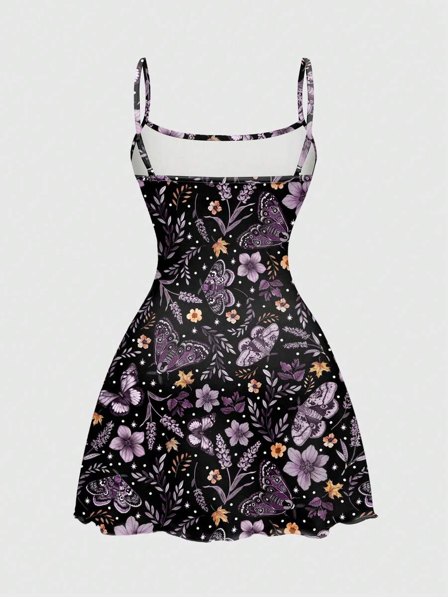 Beige graphic cami mini dress for women featuring a backless slim fit design, high waist flared hem, lettuce trim, spaghetti straps, and arm sleeves.