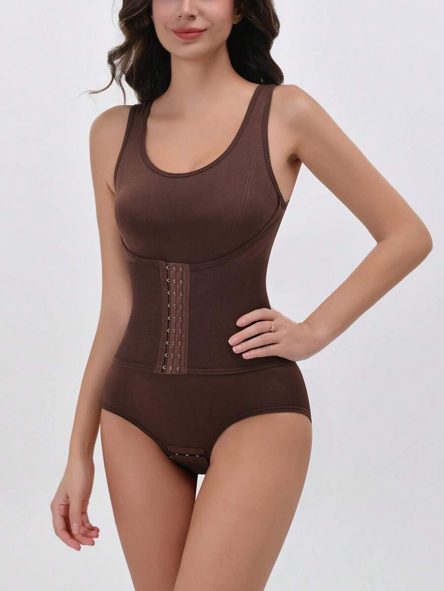 Apricot women's shapewear bodysuit featuring wide shoulder straps, tummy control, waist tightening, and adjustable three-row buckle