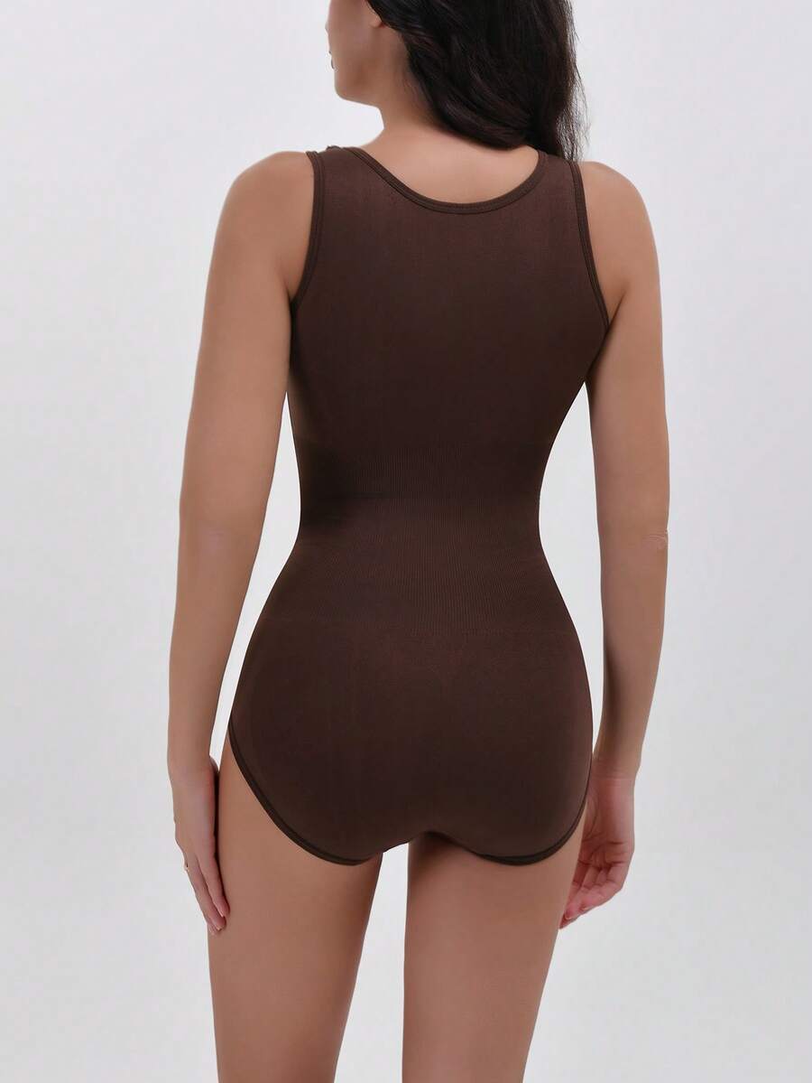 Apricot women's shapewear bodysuit featuring wide shoulder straps, tummy control, waist tightening, and adjustable three-row buckle