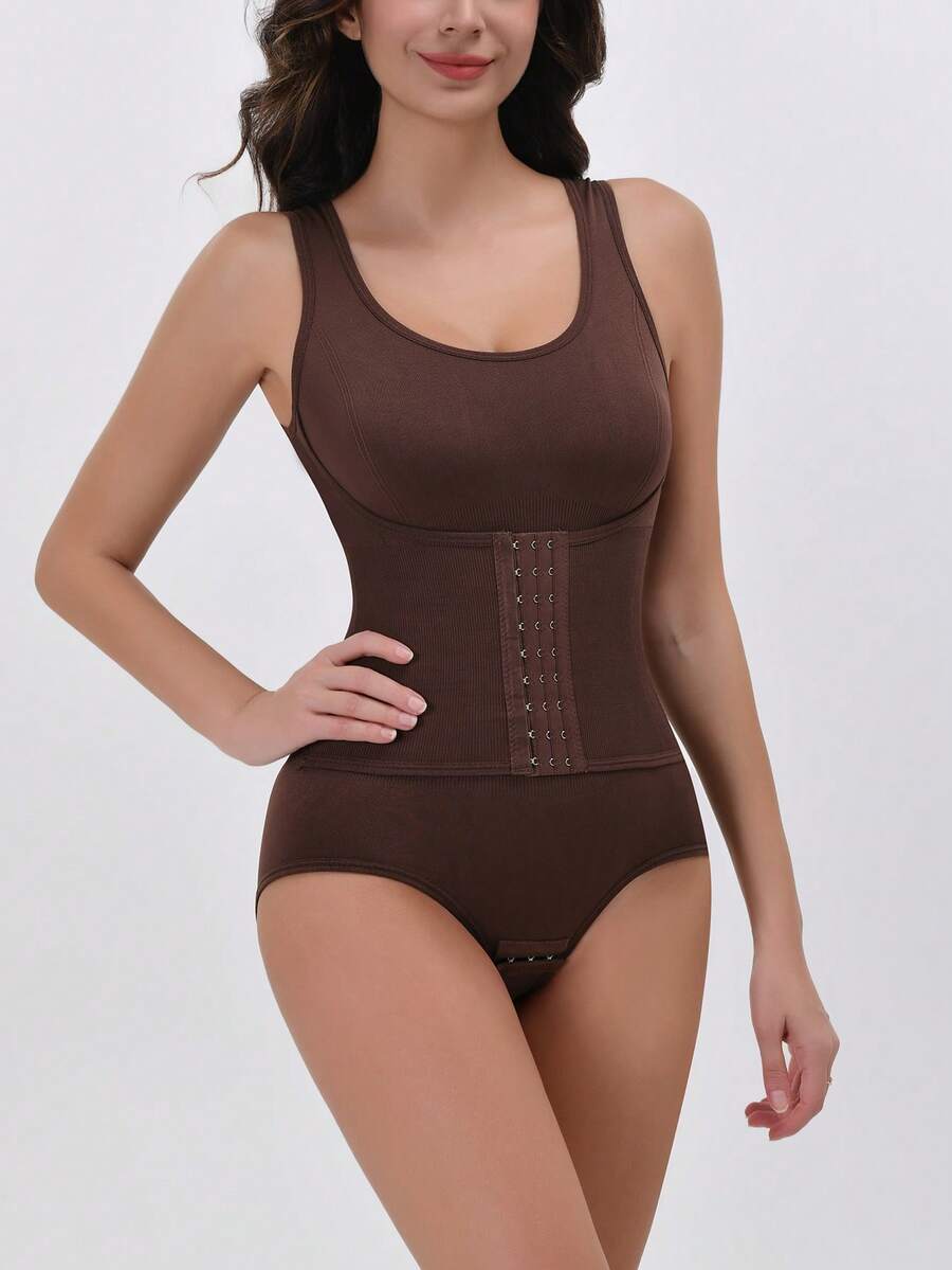 Apricot women's shapewear bodysuit featuring wide shoulder straps, tummy control, waist tightening, and adjustable three-row buckle