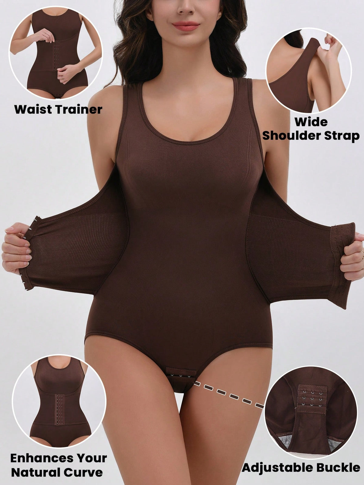 Apricot women's shapewear bodysuit featuring wide shoulder straps, tummy control, waist tightening, and adjustable three-row buckle