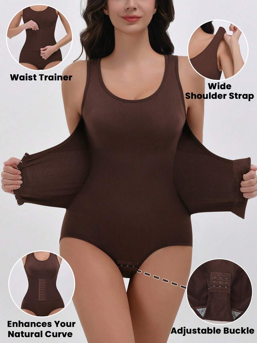Apricot women's shapewear bodysuit featuring wide shoulder straps, tummy control, waist tightening, and adjustable three-row buckle