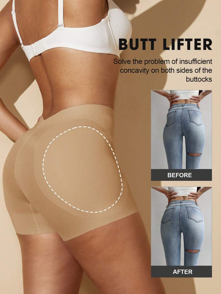 Apricot high-stretch women's butt lifting shapewear shorts with removable padded buttocks for tummy and waist control.