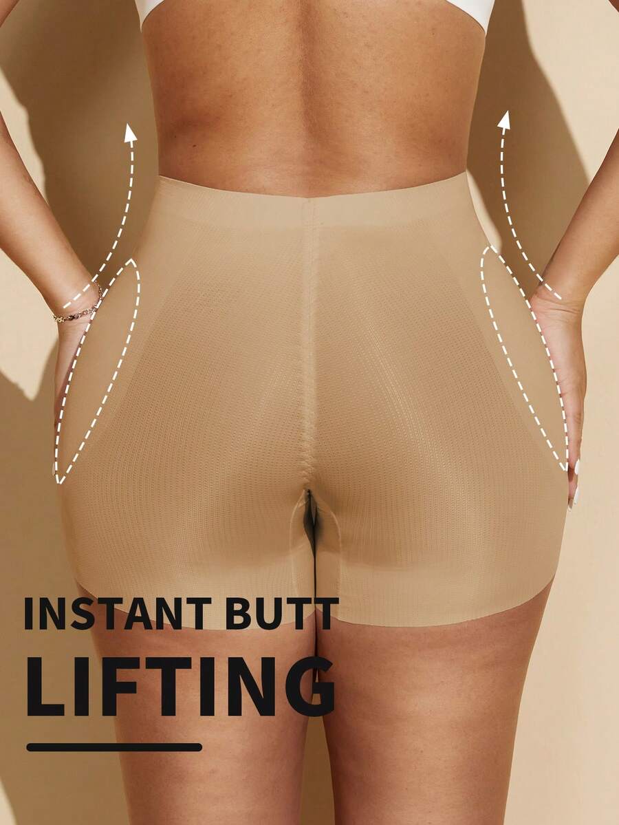 Apricot high-stretch women's butt lifting shapewear shorts with removable padded buttocks for tummy and waist control.
