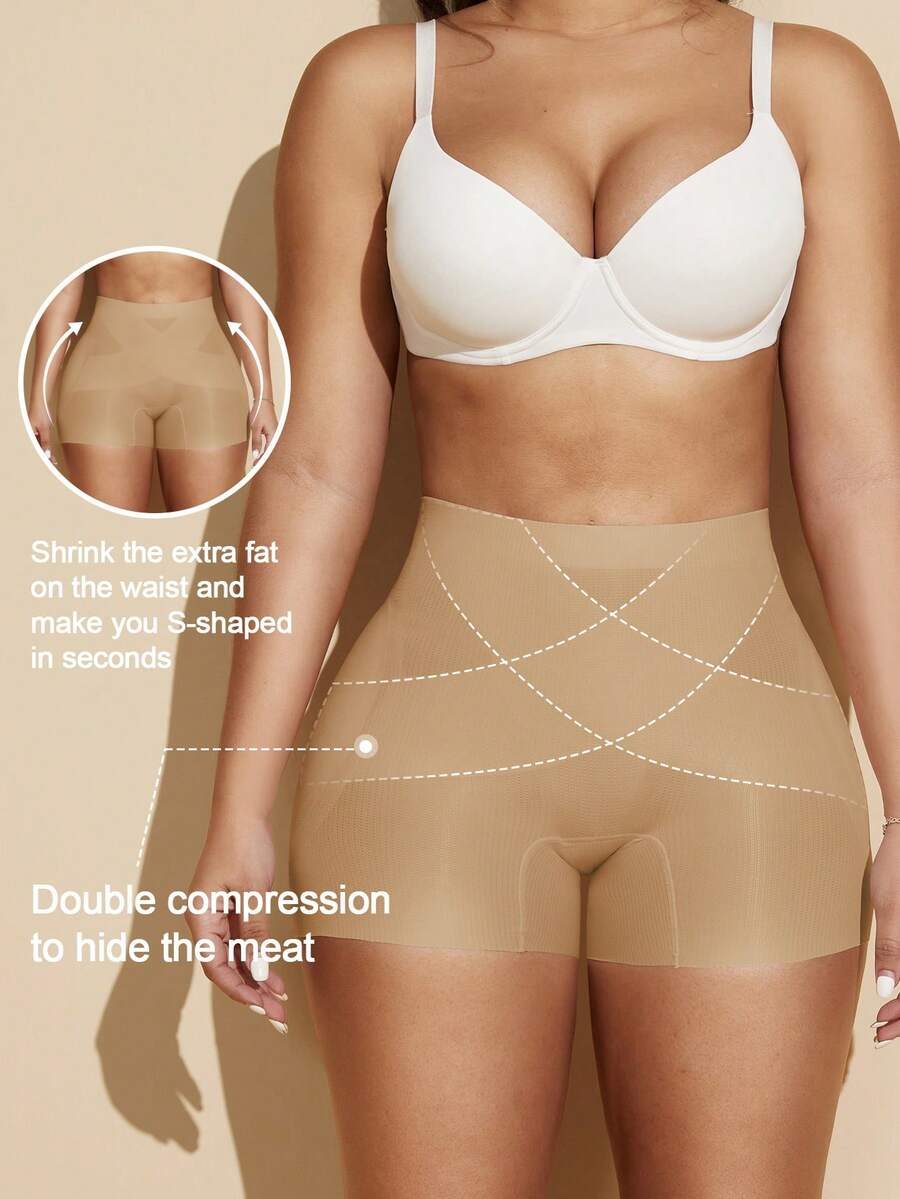 Apricot high-stretch women's butt lifting shapewear shorts with removable padded buttocks for tummy and waist control.