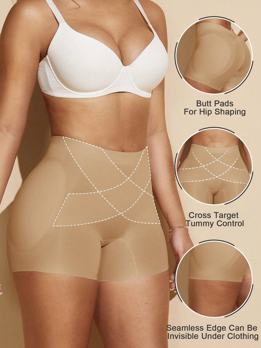 Apricot high-stretch women's butt lifting shapewear shorts with removable padded buttocks for tummy and waist control.