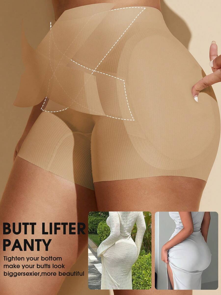 Apricot high-stretch women's butt lifting shapewear shorts with removable padded buttocks for tummy and waist control.
