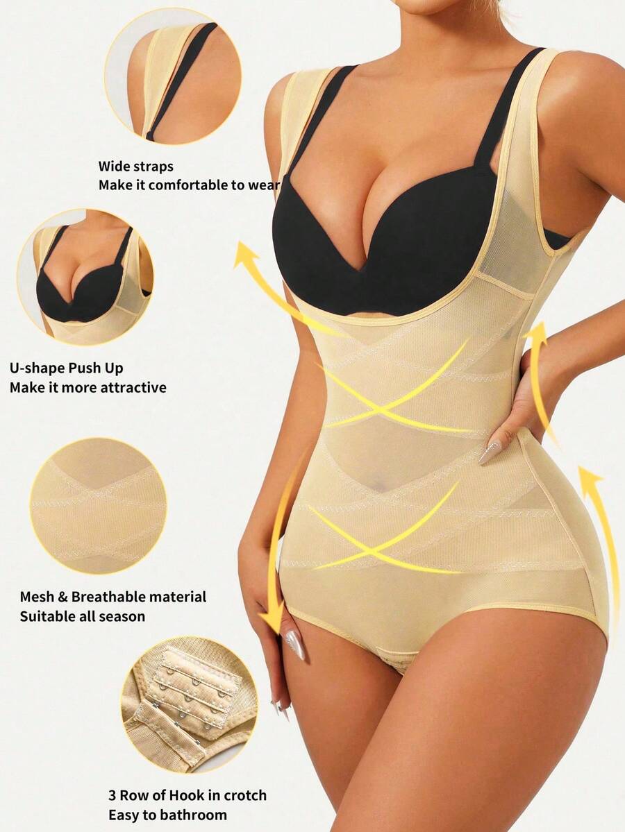 Apricot semi-sheer mesh shapewear bodysuit for women featuring a low-cut neckline, bust support, contrast mesh details, and Bermuda shorts length.