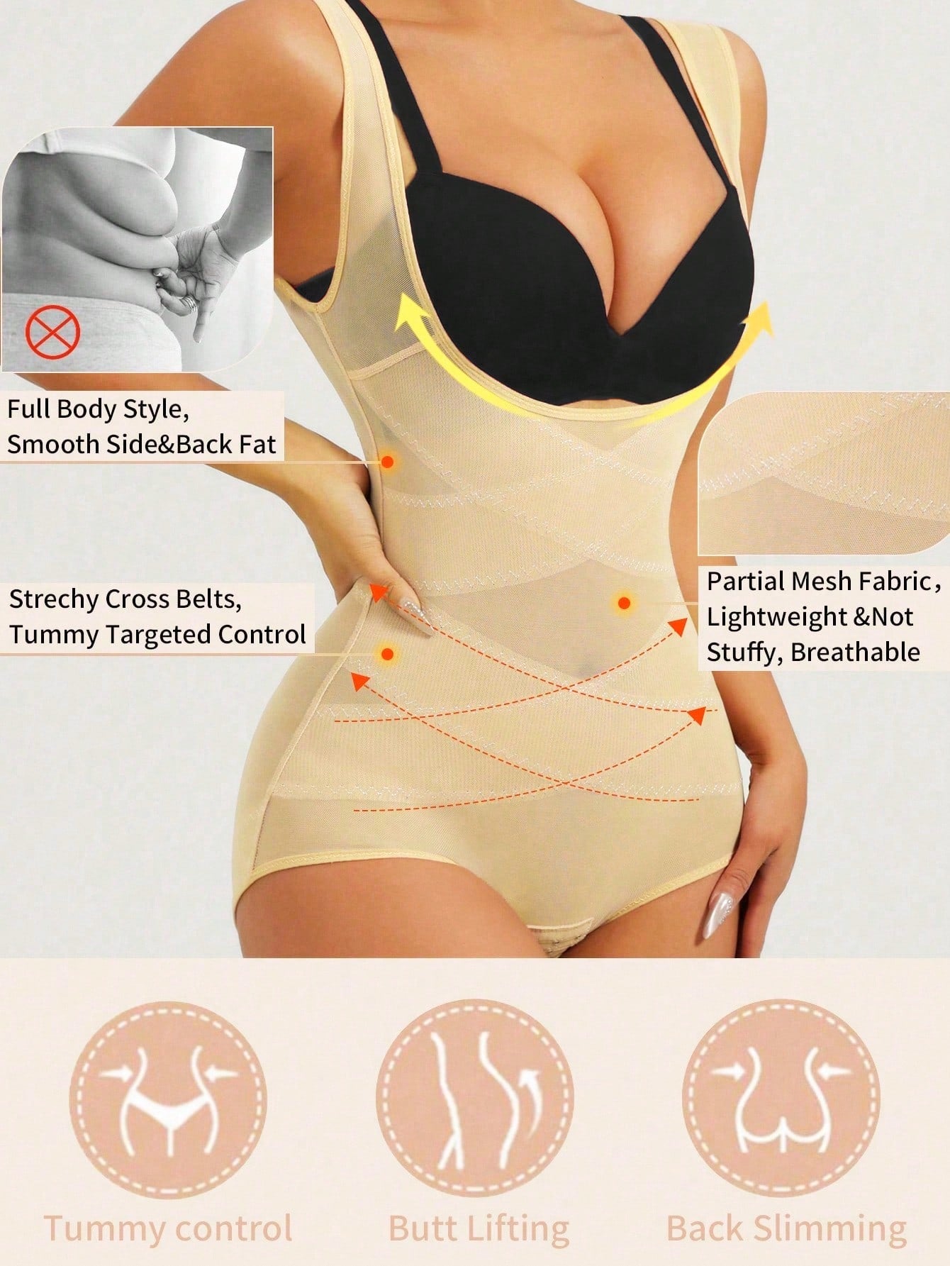 Apricot semi-sheer mesh shapewear bodysuit for women featuring a low-cut neckline, bust support, contrast mesh details, and Bermuda shorts length.