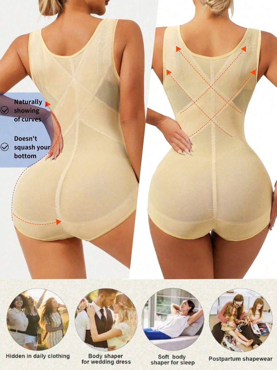 Apricot semi-sheer mesh shapewear bodysuit for women featuring a low-cut neckline, bust support, contrast mesh details, and Bermuda shorts length.